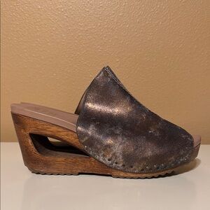 Dansko Copper Shimmer Wedge Mules w/ wooden cut out heel